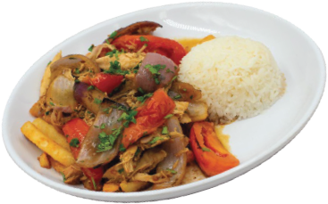 A white plate with a serving of sautéed vegetables, chicken, and tomatoes garnished with herbs, next to a mound of white rice.
