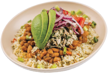 A bowl of rice topped with pinto beans, shredded chicken, sliced avocado, chopped green onions, red onions, and sliced red bell peppers.