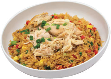 A white bowl filled with seasoned rice mixed with red and yellow peppers, topped with shredded chicken and garnished with chopped green onions.