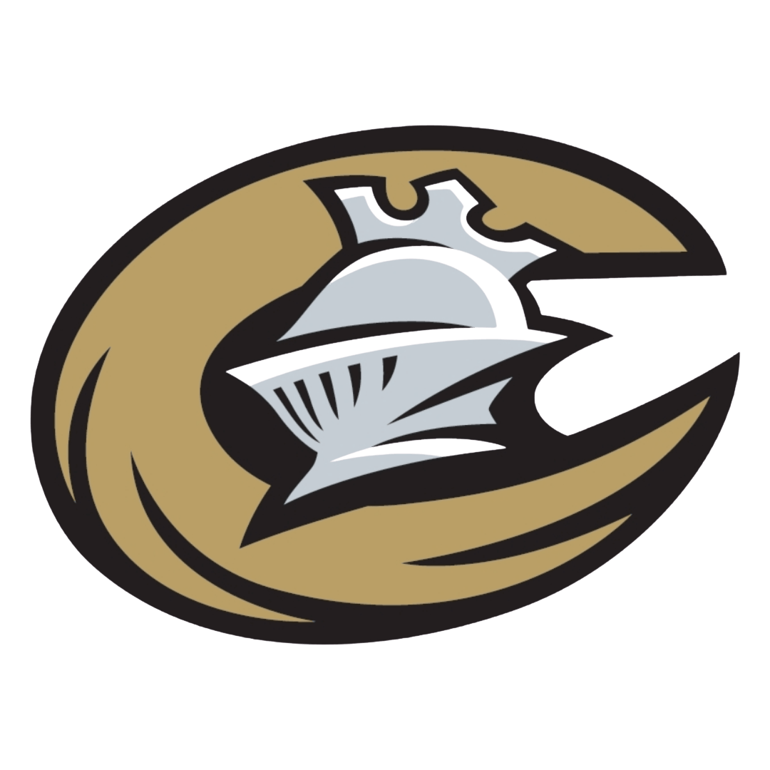 A stylized logo featuring a knight's silver helmet with a gold plume, set against a gold and black outlined background that forms a large 
