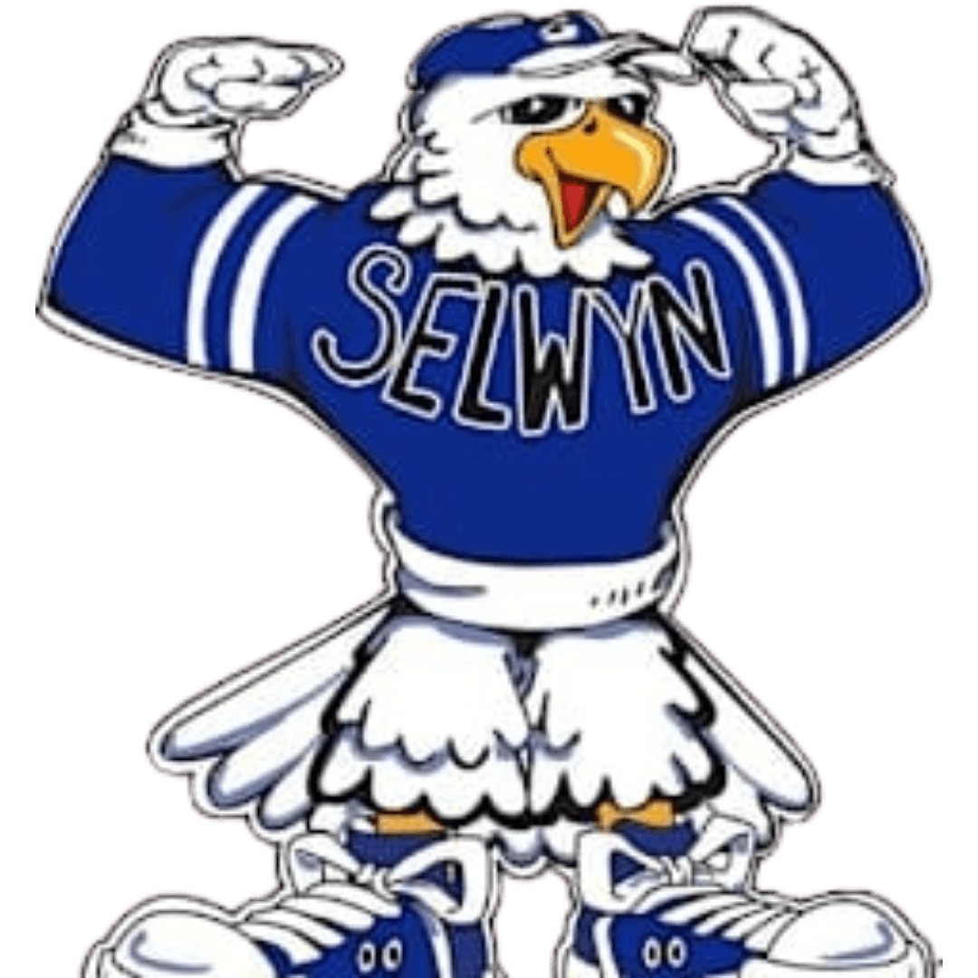 Cartoon eagle mascot wearing a blue sports uniform labeled 