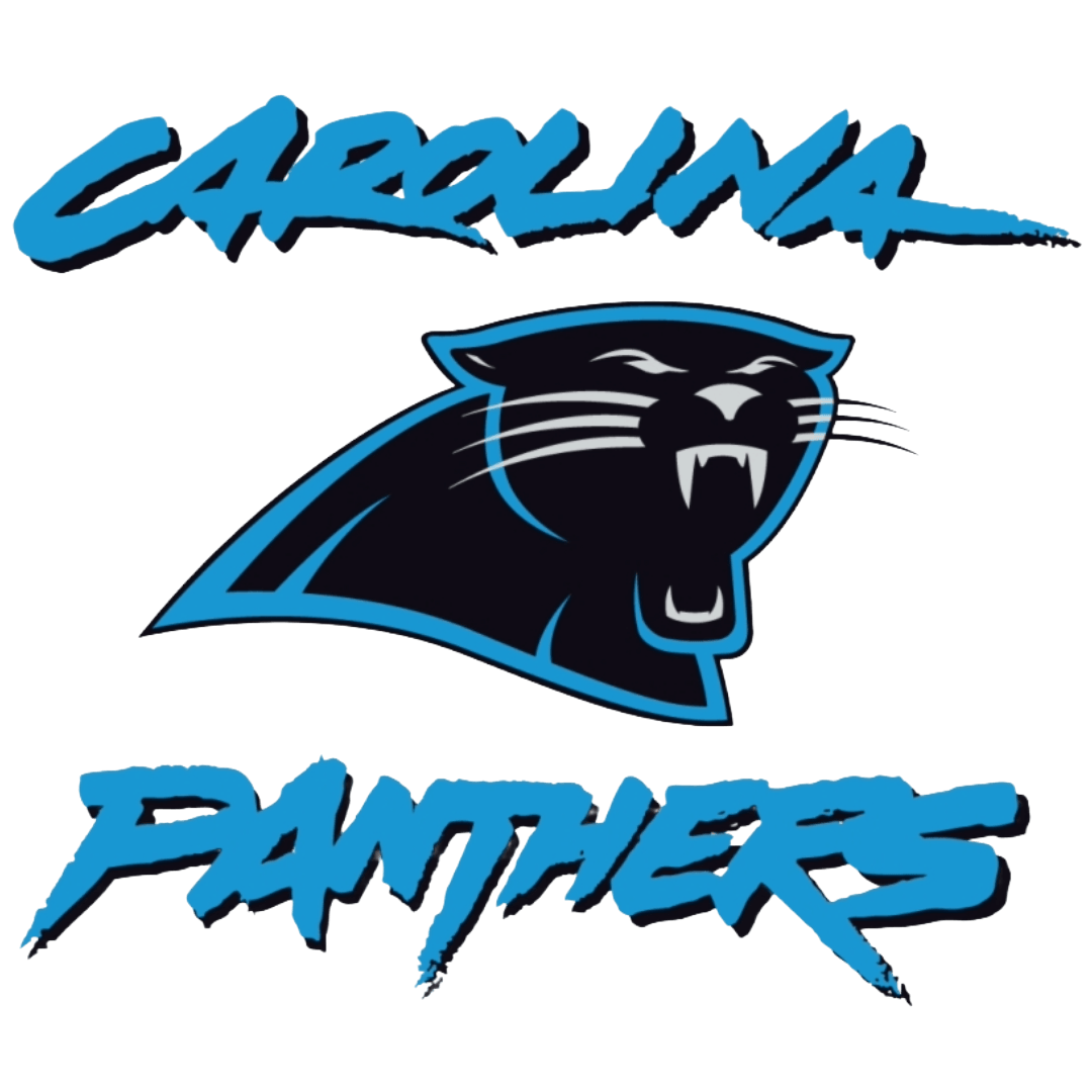 The image features the Carolina Panthers logo, with a snarling black panther head outlined in blue, positioned between the words 