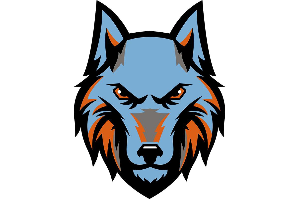 A stylized wolf head illustration with a blue face, orange accents on the cheeks and ears, sharp black outlines, and intense orange eyes staring forward.