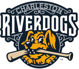 Charleston RiverDogs logo featuring a fierce-looking cartoon dog biting a baseball bat, with the team name in bold letters above and around the dog.