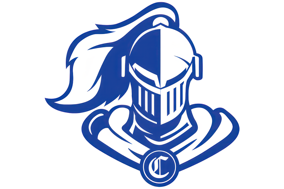 A blue and white illustration of a knight’s helmet with a flowing plume and armor. The letter 