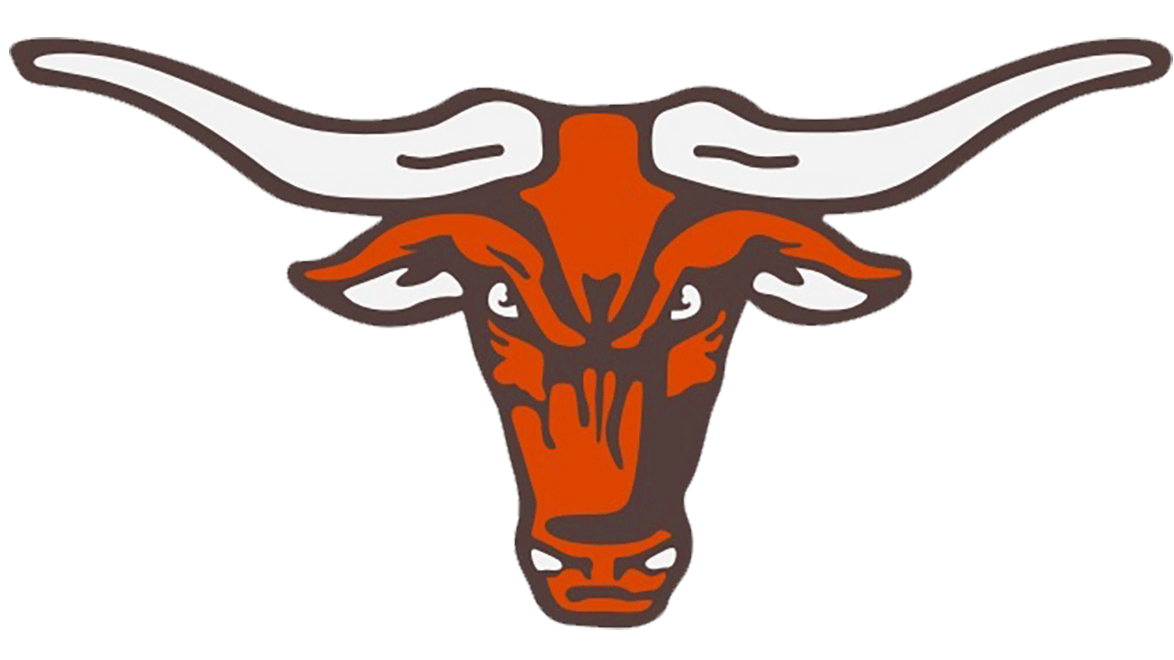 The image shows a stylized orange and brown longhorn steer head with wide, curved horns, facing forward.