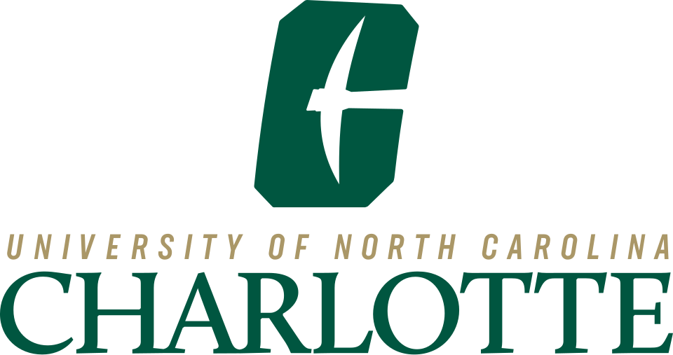 University of North Carolina at Charlotte logo featuring a stylized green pickaxe above gold text reading 