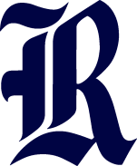 A large, stylized navy blue letter 