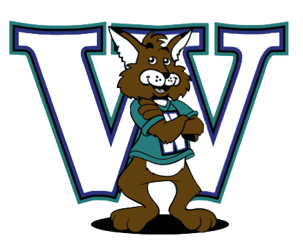 Cartoon wildcat mascot wearing a teal jersey, standing confidently with arms crossed in front of a large, outlined letter 